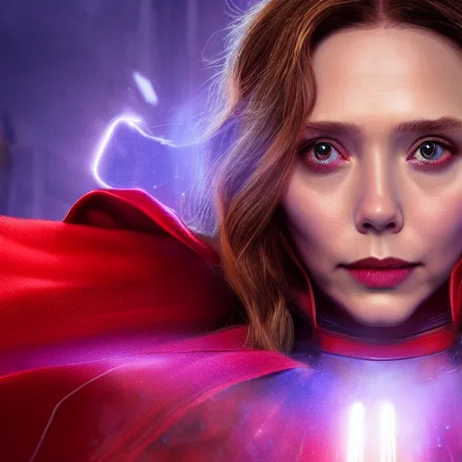 Image similar to A portrait of elizabeth olsen as scarlet witch from the movie doctor strange 2, cinematic, digital art, amazing detail