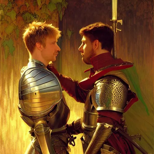 Image similar to attractive arthur pendragon and his attractive male knight, they are in love, natural lighting, path traced, highly detailed, high quality, digital painting, by gaston bussiere, craig mullins, alphonse mucha j. c. leyendecker