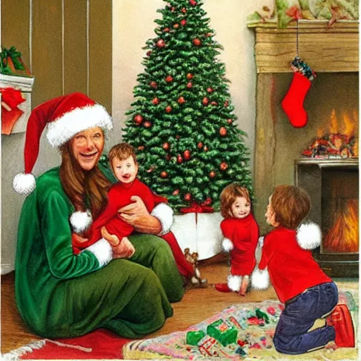 Image similar to “a merry Christmas card realistic painting of a happy family, in the foreground there’s a mother with two children on her lap, a boy and a girl. They’re smiling at the camera. There’s a decorated green Christmas tree and a log fire burning in the background. On the sofa is a scruffy homeless man sleeping.”