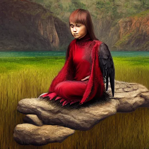 Prompt: Young Harpy-Girl, red feathered wings, wearing Inka clothes, sad expression, sitting at a pond, mountainous area, trees in the background, digital art