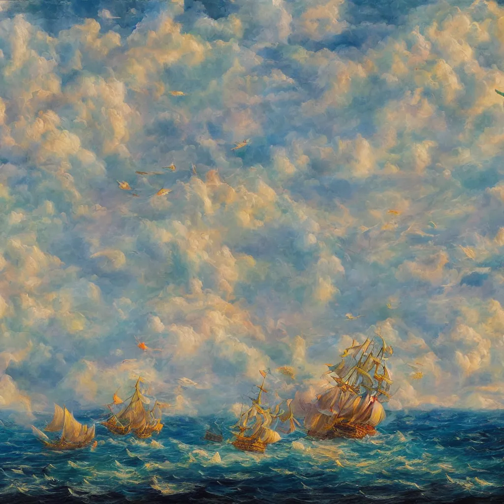 Image similar to 3d high relief painting of sea like jelly,Rainbow clouds like sheeps floating lightly in the air, Sailing ship,dreamy, soft , highly detailed, expressive impressionist style,in the style of William Schneider