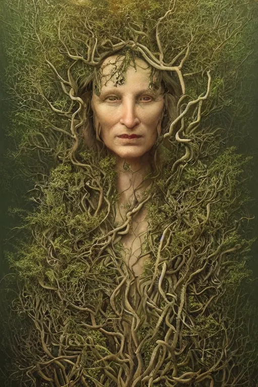 Image similar to intricate stunning highly detailed portrait of baba yaga, 🌱, by agostino arrivabene and vladimir kush, surreal, digital painting, ultra realistic, dramatic lighting, twisted vines, lush plants, pristine water, artstation