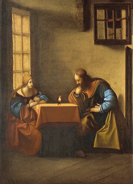 Image similar to a candlelit table at the inn, two people sitting at the table, swirling smoke, dark smoke, realistic, in the style of leonardo da vinci, dutch golden age, amsterdam, medieval painting by jan van eyck, johannes vermeer, florence