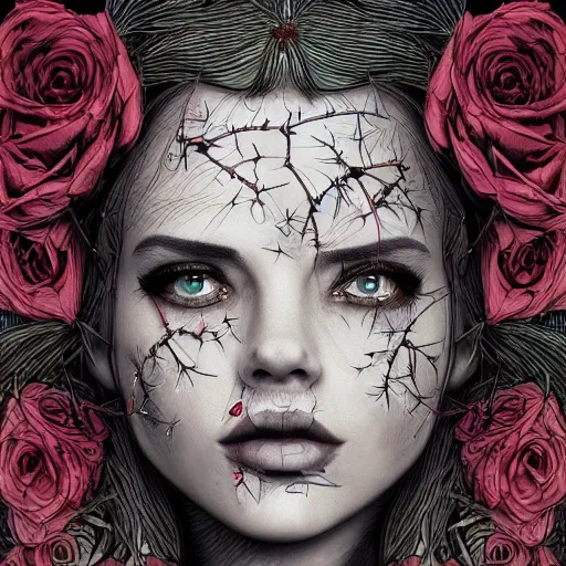 Prompt: the anatomy of a head of thorns with roses that resemble a beautiful woman, an ultrafine detailed illustration by james jean, intricate linework, bright colors, final fantasy, behance contest winner, vanitas, angular, altermodern, unreal engine 5 highly rendered, global illumination, radiant light, detailed and intricate environment