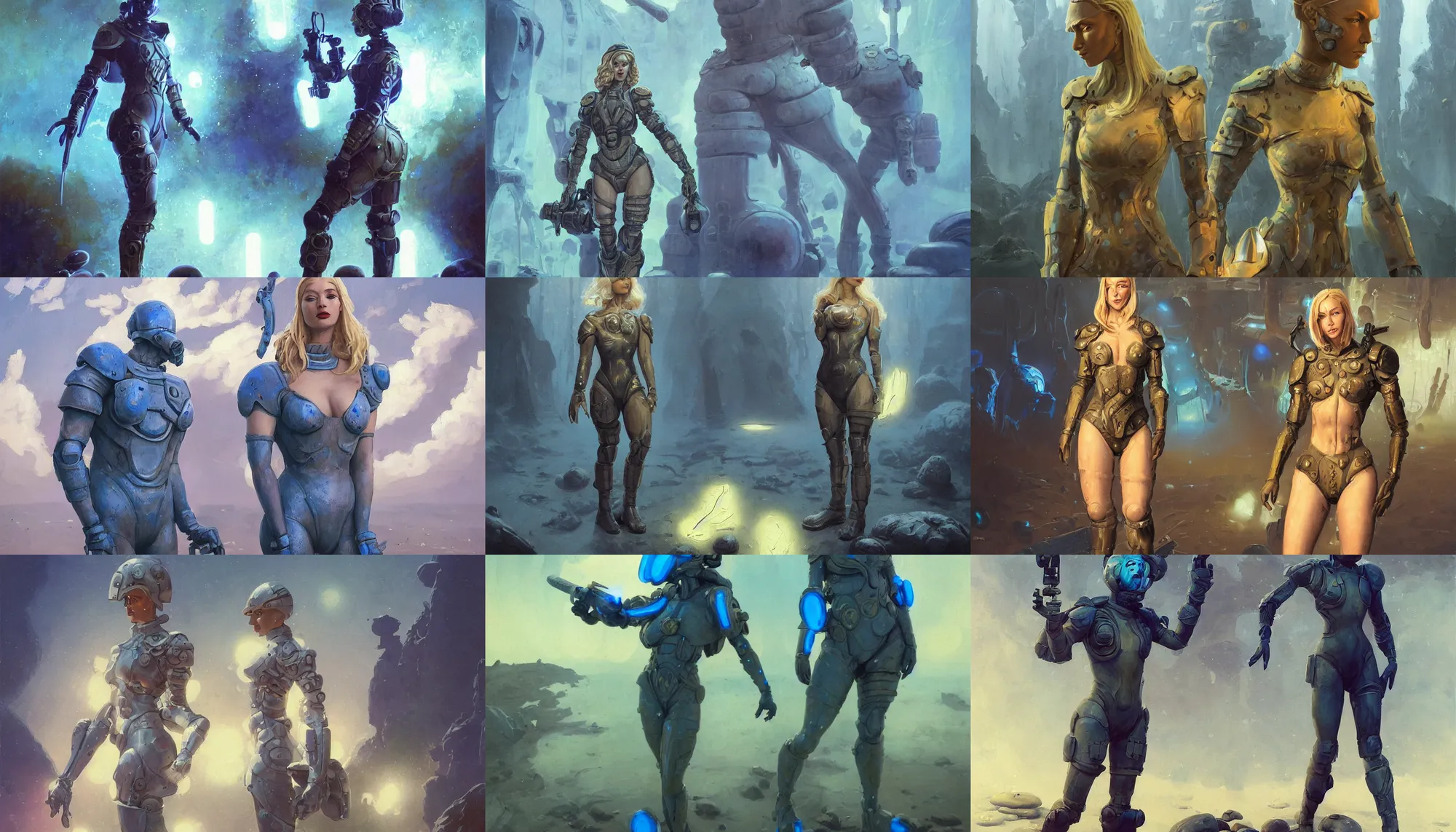 Prompt: A mixed media portrait painting of a beautiful blonde woman, soldier, futuristic sci-fi armored one-piece swimsuit and boots, glowing blue mushrooms in mire, detailed Aesthetic! face and eyes, slavic, by Beeple, Frank Frazetta, Greg Rutkowski, Christian MacNevin, Boris Vallejo, epic fantasy character art, high fantasy, CGsociety, 60's Sci-fi Pinup, exquisite detail, post-processing, masterpiece, cinematic, crysis