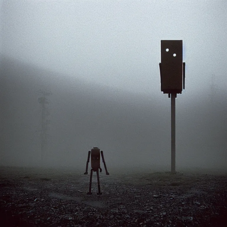 Image similar to a sole angular lanky liminal observer droid, in a brutalist yet rural landscape by simon stalenhag, 3 5 mm film photography, dawn, eerie fog