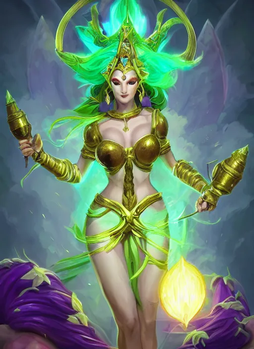 Image similar to divine soraka, from league of legends, health supporter, hyper detailed, green aura in her wand, digital art, trending in artstation, cinematic lighting, studio quality, smooth render, unreal engine 5 rendered, octane rendered, art style by klimt and nixeu and ian sprigger and wlop and krenz cushart