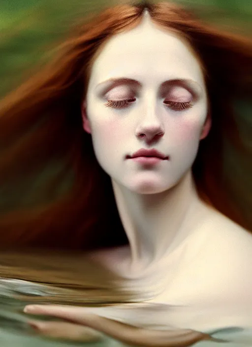 Image similar to Kodak Portra 400, 8K, ARTSTATION, Caroline Gariba, soft light, volumetric lighting, soft blur lighting background, highly detailed, britt marling style 3/4 , extreme Close-up portrait photography of a beautiful woman how pre-Raphaelites by Giovanni Gastel with her eyes closed,inspired by Ophelia paint, the face emerges from water of Pamukkale, underwater face, hair are intricate with highly detailed realistic beautiful brunch and flowers , Realistic, Refined, Highly Detailed, interstellar outdoor soft pastel lighting colors scheme, outdoor fine art photography, Hyper realistic, photo realistic