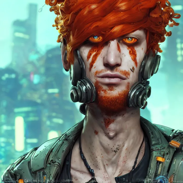 Prompt: cyberpunk portrait of curly orange hair man from borderlands 3, au naturel, hyper detailed, digital art, trending in artstation, cinematic lighting, studio quality, smooth render, unreal engine 5 rendered, octane rendered, art style by klimt and nixeu and ian sprigger and wlop and krenz cushart.