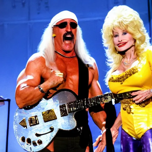 Image similar to Hulk Hogan and Dolly Parton perform on stage, biblically accurate