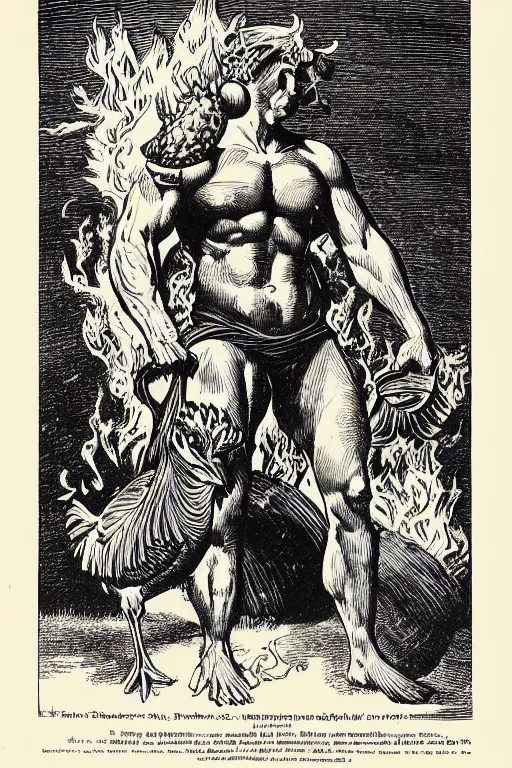 Prompt: 19th century wood-engraving of a confident muscular man with a chicken head for a head surrounded with flames, whole page illustration from Jules Verne book titled Stardust Crusaders, art by Édouard Riou Jules Férat and Henri de Montaut, high quality, beautiful, highly detailed, removed watermarks