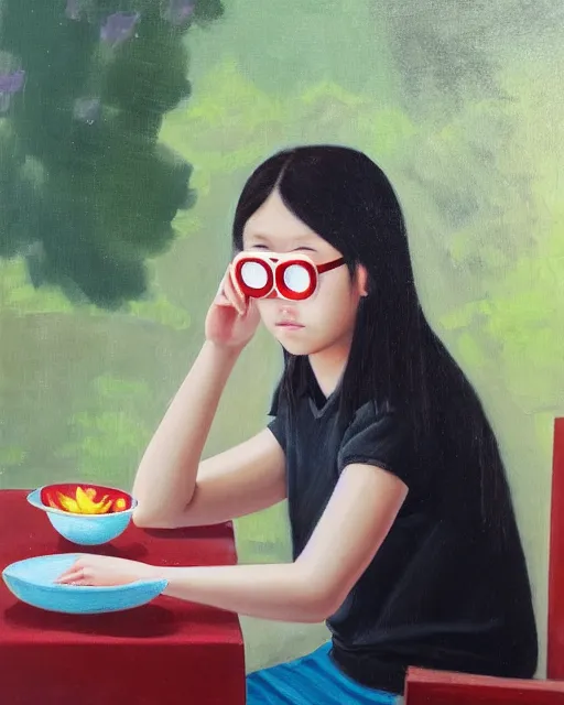 Image similar to a gen z teenage asian girl sitting at a small table, hand combing the hair, wearing vr googles, aged desaturated oil painting by mai trung thu