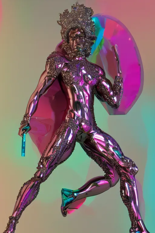 Prompt: hyper detailed ultra sharp fullbody photo of baroque and cyberpunk transparent pink ceramic sculpture of a muscular seductive muscular italian guido feeling muy cachondo, muy dotado, iridescent humanoid deity wearing pink plastic seethrough cloak, holding a rainbow tiger gem, blue diamond, glowing pink face, crown of white diamonds, cinematic lighting, photorealistic, octane render 8 k