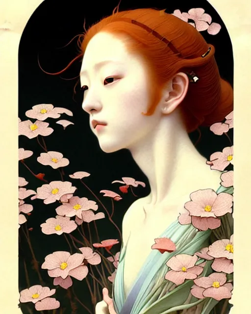 Image similar to Beautiful and playful ethereal ginger portrait, art nouveau, fantasy, intricate flower designs, elegant, highly detailed, sharp focus, art by Hasui Kawase, Camille Corot, Artgerm and Greg Rutkowski and WLOP