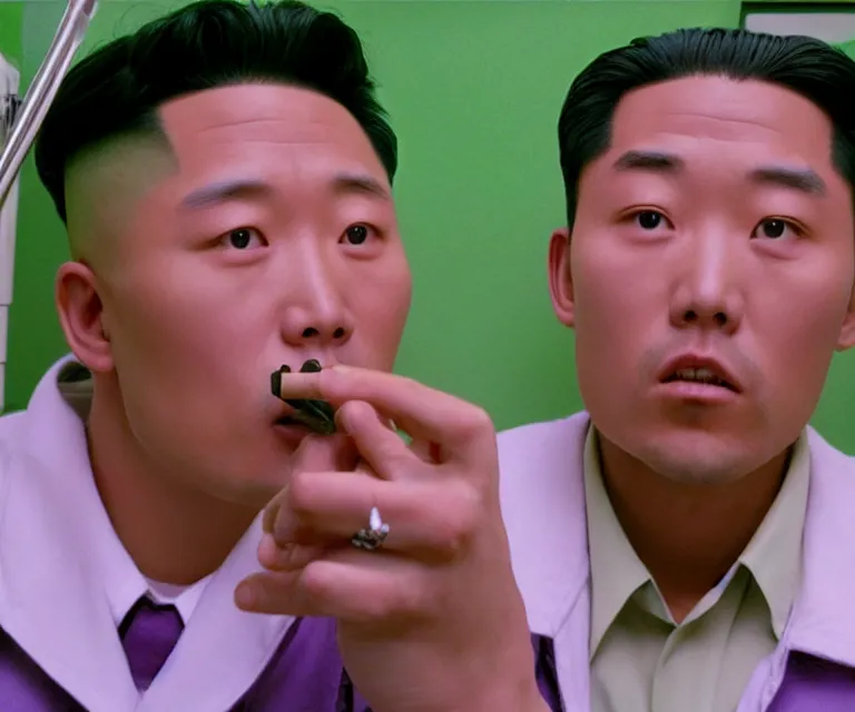 Prompt: hyperralism weed express ( 2 0 0 8 ) movie still photography of realistic detailed north korean kim chen with detailed face smoking high detailed weed and reviewing weed bush in detailed basement bedroom ultra violet light