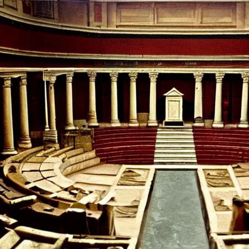 Prompt: a cheap film photograph of the Roman Senate the day Julius Caesar was stabbed