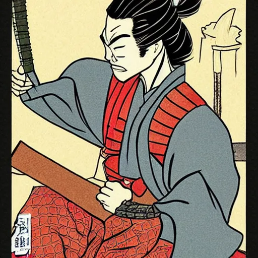 Prompt: a samurai reading a book, comicbook art masterpiece by denys cowan, realistic faces and anatomy