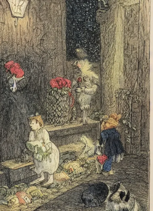 Prompt: night turning into day, illustrated by peggy fortnum and beatrix potter and sir john tenniel