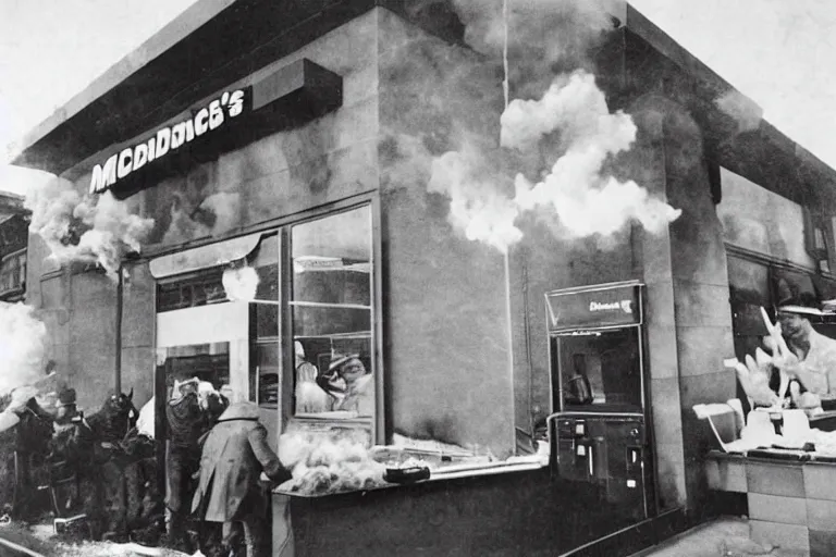 Image similar to mcdonalds hamburger blows up, historical photograph