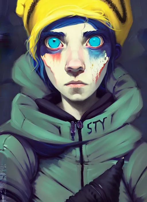 Prompt: highly detailed portrait of a sewer punk lady student, blue eyes, tartan hoody, hat, white hair by atey ghailan, by greg rutkowski, by greg tocchini, by james gilleard, by joe fenton, by kaethe butcher, gradient yellow, black, brown and cyan color scheme, grunge aesthetic!!! ( ( graffiti tag wall