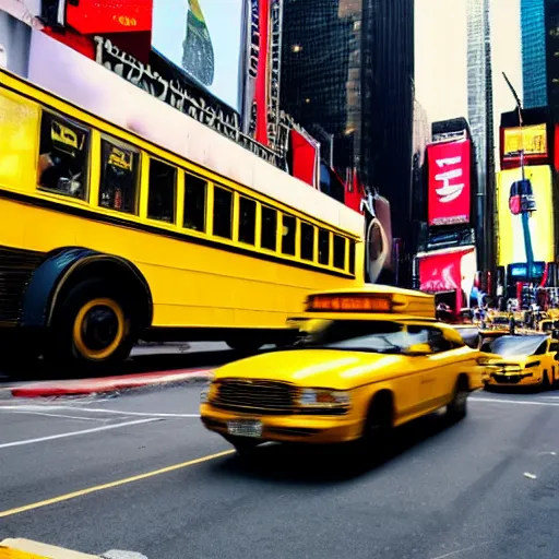 Image similar to yellow school bus being swallowed by giant snake, time square, cinematic, dramatic, film still