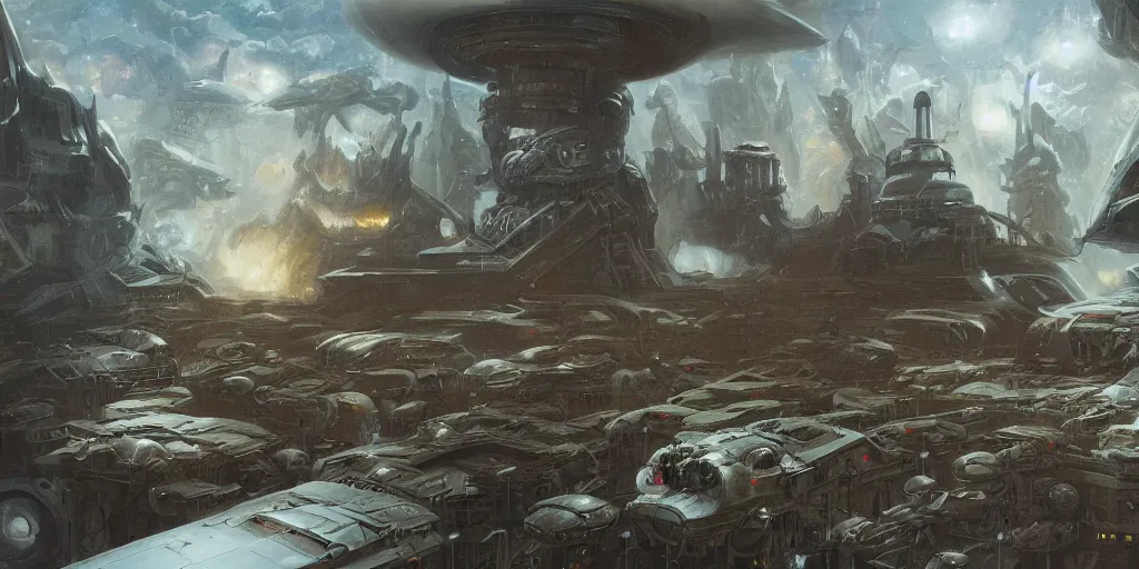 Image similar to one thousand aligned cryogenic pods, spaceship hangar, wide shot, matte painting, oil painting, concept art, alan lee and peter mohrbacher and frank frazetta and mike mignola