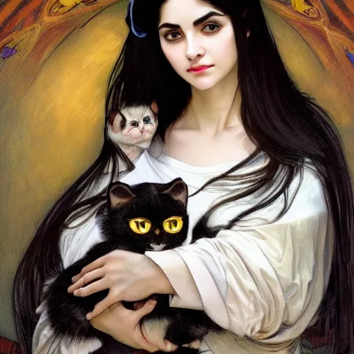 Image similar to cute emo persian woman, with long dark hair, thick eyebrows!!! dark eyes and dark circles!, wide nose!!!, big eyes, oval face shape, big cheeks!, she is holding a cat in her arms, by juan villafuerte, greg rutkowski and alphonse mucha, pexels contest winner, high quality photo, hd rtx