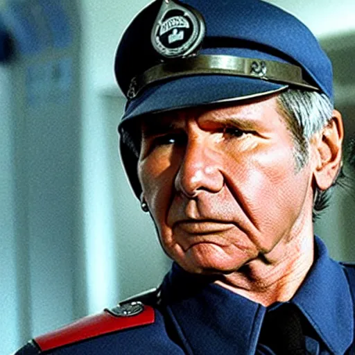 Image similar to A still of Harrison Ford as Commander Adama in Battlestar Galactica (2003) wearing a dark blue uniform, a Cylon is in the background