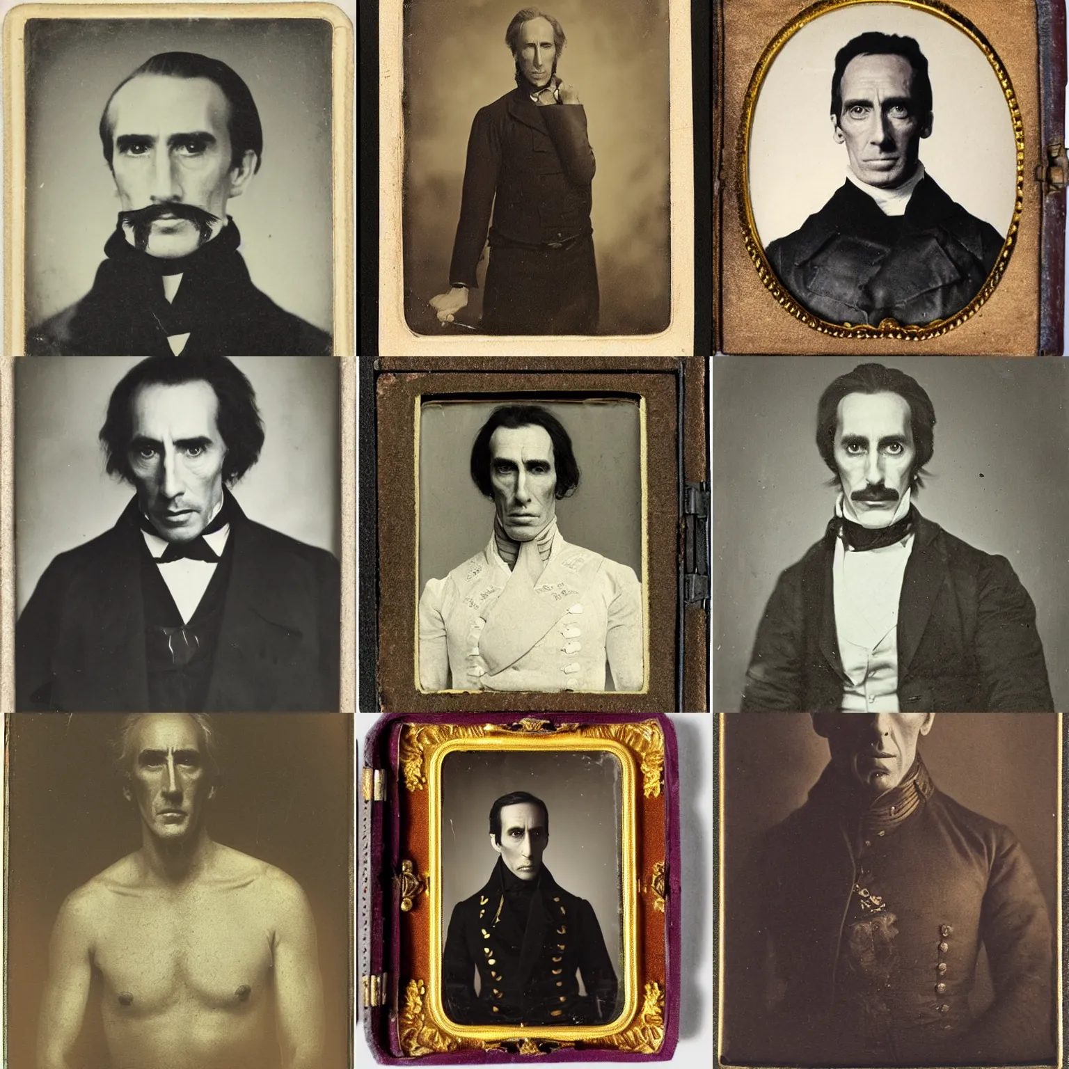Prompt: portrait of a mid 1 9 th century, austro - hungarian, 3 5 years old, martial!!, awkward, stiff!! hunter ( christopher lee mixed with jonathan hyde - with brown hair and ( ( long, brown goatee ) ) ). daguerreotype by emil rabending