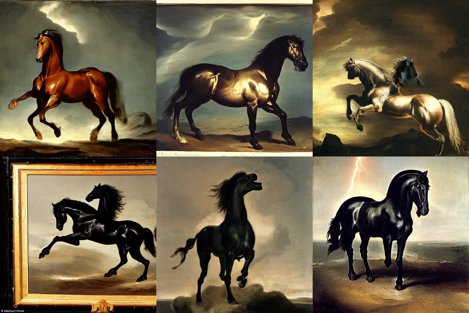 Prompt: a friesian horse, frightened by lightning, painted by theodore gericault, reimagined by industrial light and magic