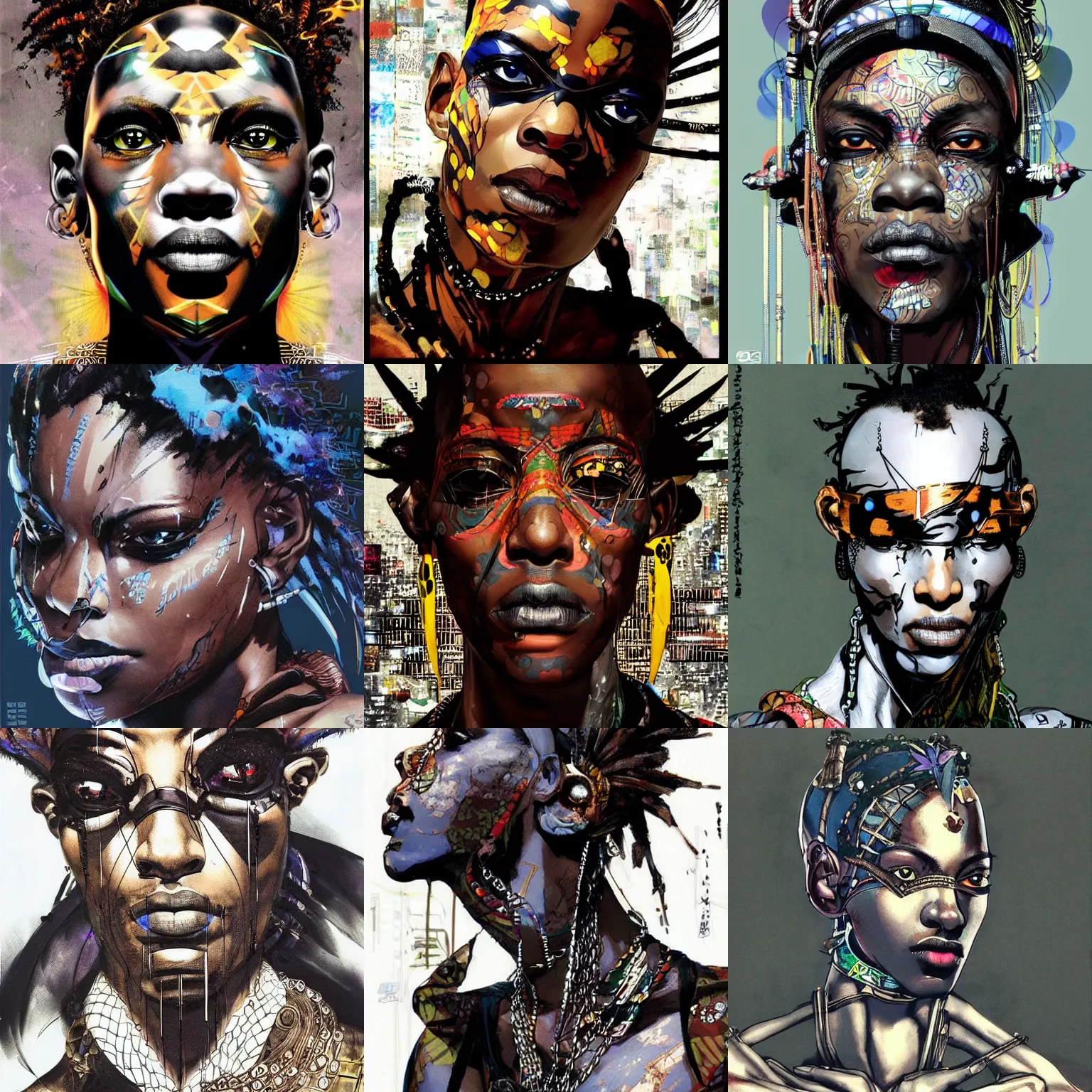 Prompt: a beautiful side portrait of a cyber black african seer, fortune teller. leukocoria, blind, he has a tattoo in his forehead. he is in extreme ecstasy. art by yoji shinkawa and sandra chevrier, trending on artstation, award - winning, perfect composition.