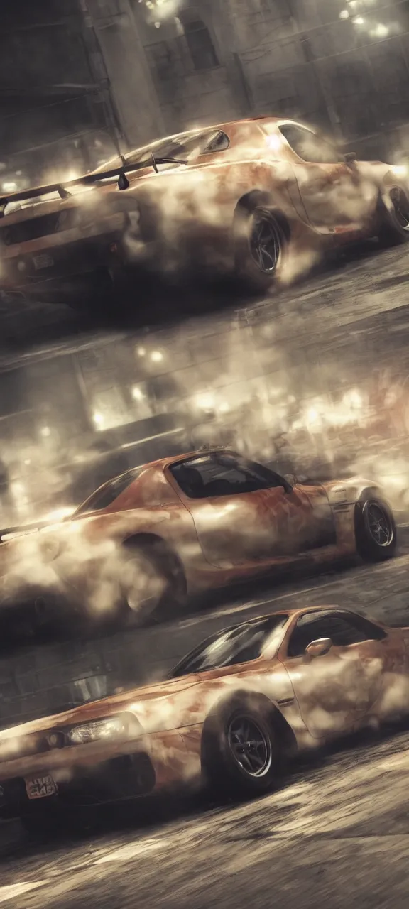 Prompt: attack on titan screenshot of jdm mazda rx - 7 drifting on wall maria from attack on titan, illustration, cinematic, blurry, long exposure, 4 k, spotlight, ray tracing reflections, ray traced