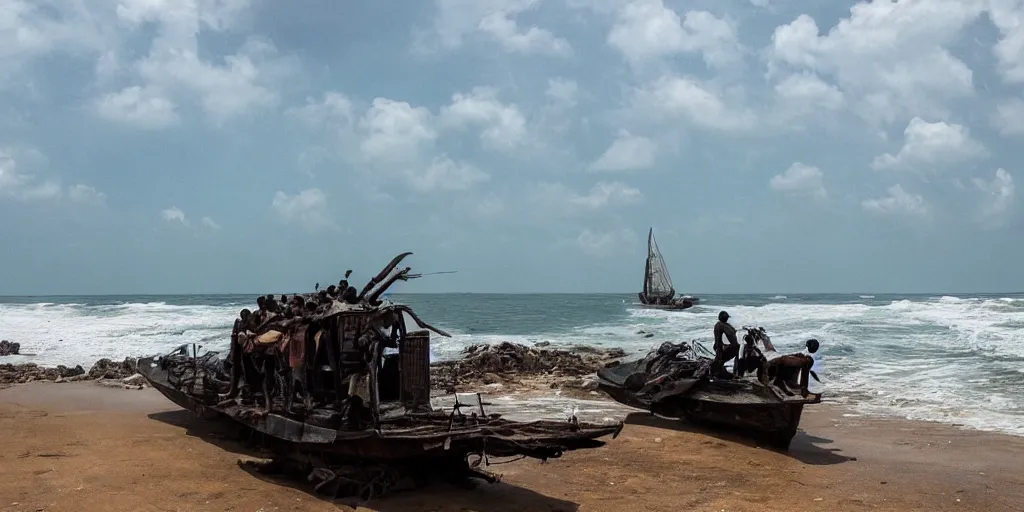 Image similar to sri lankan mad max style on boats, ocean, film still, epic shot cinematography, rule of thirds