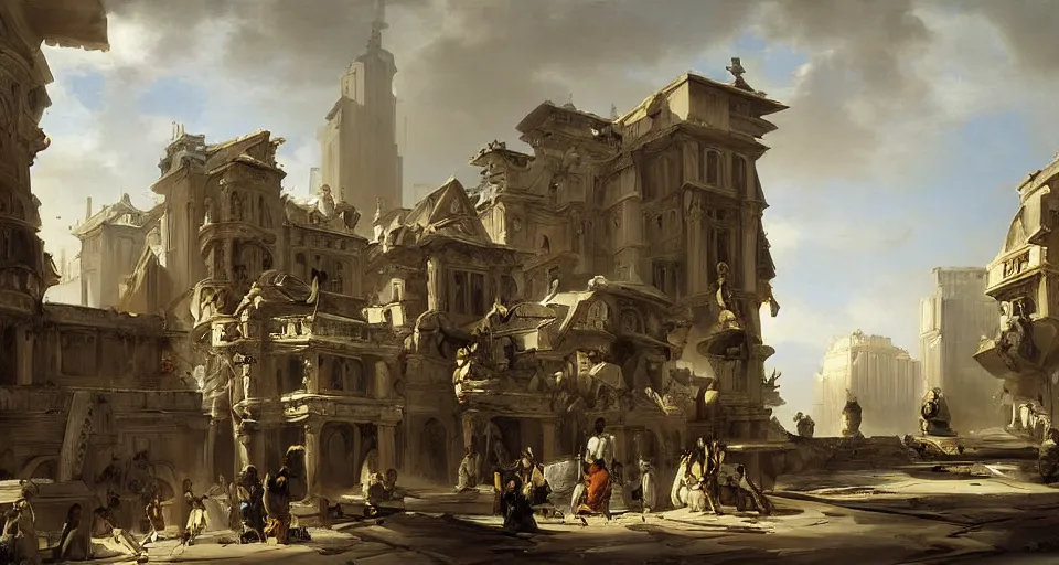 Image similar to painting zaha hadid building by hubert robert very very detailed cinematic peasants