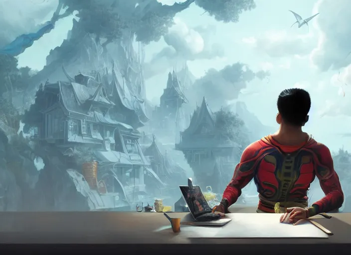 Image similar to an insanely detailed painting of an asian man wearing a homemade superhero costume, sitting at a desk, staring seriously at the computer and typing, in the style of peter mohrbacher, james jean, dramatic lighting and composition, surreal background, octane render, pixar, trending on artstation, concept art, comic book, view from behind, 8 k