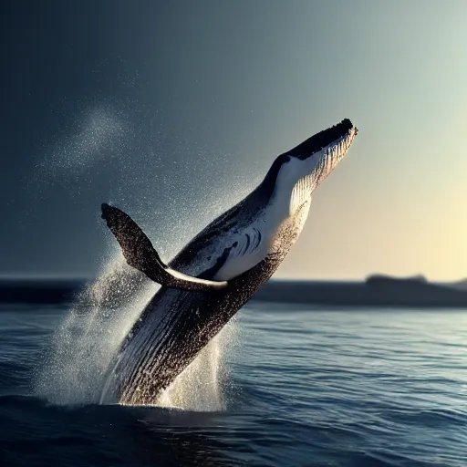 Image similar to a photorealistic whale jumping out of water while smoking a cigar, ultra realistic, octane render