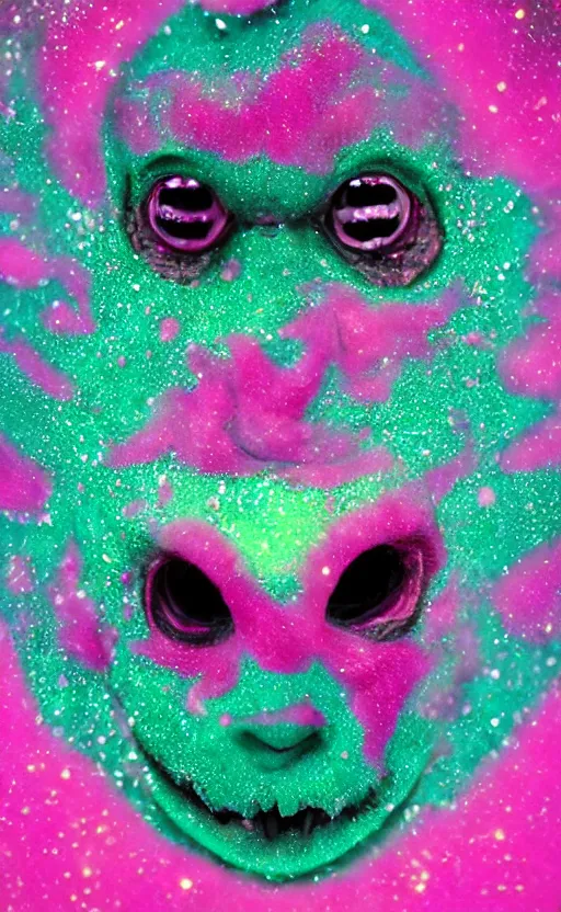 Image similar to face portrait cute saturated pink scary eerie happy ugly creature monster with sparkles and glitter photo 4k