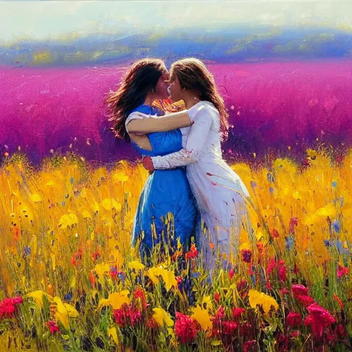 Prompt: beautiful artwork by robert hagan of two female lovers kissing in a field with flowers