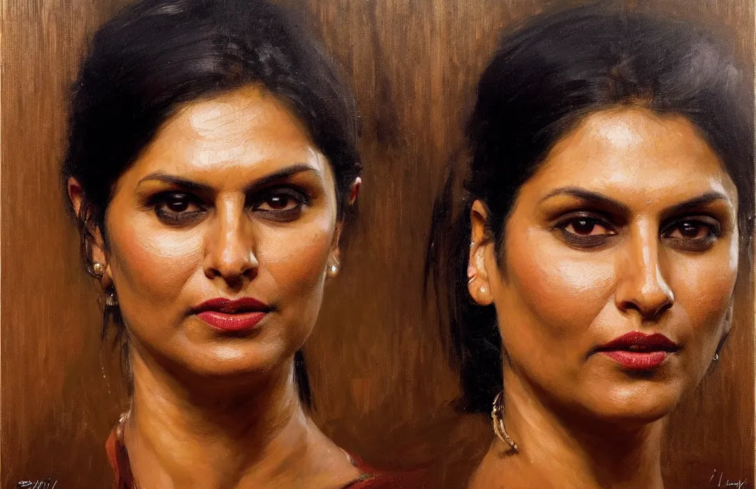 Prompt: portrait of priti patel!!!!!!!!!!!!!!!!!!!!!!!!!!!, detailed face, detailed painting, epic lighting, by ilya repin, phil hale and kent williams