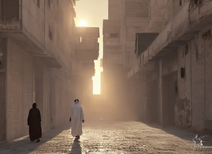 Prompt: old jeddah city alley, roshan, old shops, horse, magical time gate to another dimension, a man wearing a white robe standing watching over, dramatic lighting, dawn, by caspar david friedrich, unreal engine 5