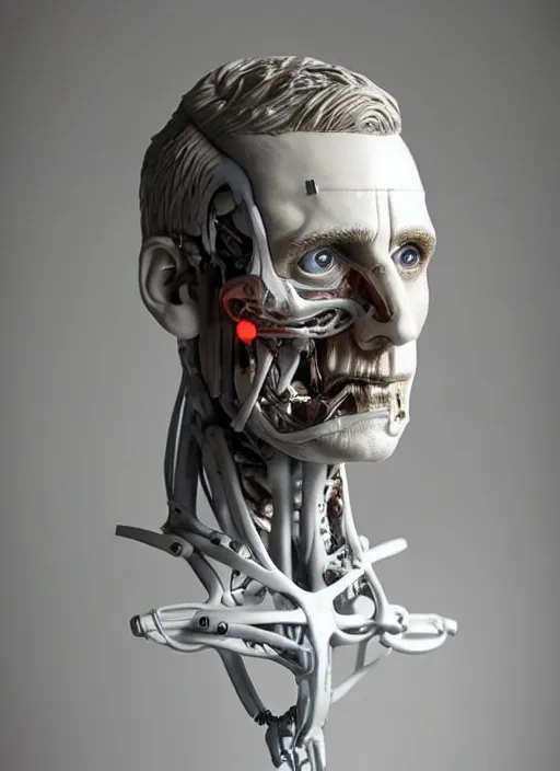 Image similar to a bust sculpture of anatomical detailed cyborg, steve carell, blue blood, become human, ceramic base, orthographic, studio lighting