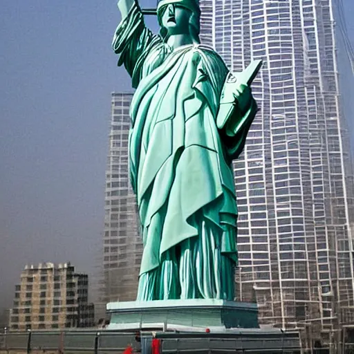 Prompt: photo of the statue of liberty as a chinese in beijing, coper cladding