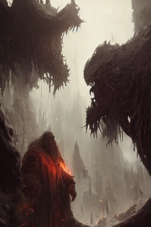 Image similar to A portrait of a monstrous giant dwarf's by Greg Rutkowski, Sung Choi, Mitchell Mohrhauser, Maciej Kuciara, Johnson Ting, Maxim Verehin, Peter Konig, Bloodborne, 8k photorealistic, cinematic lighting, HD, high details, dramatic, dark atmosphere, trending on artstation