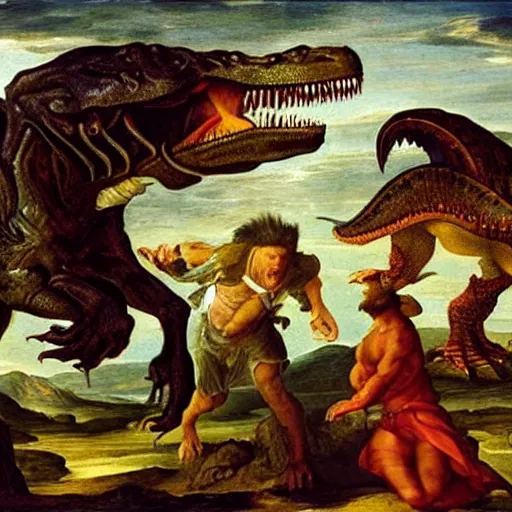 Prompt: a ferocious tyrannosaurus rex, renaissance painting