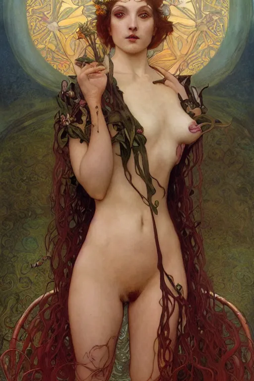 Image similar to masterpiece painting of ephemeral immortal succubus girl by donato giancola, darius zawadzki and tom bagshaw, face by artgerm and edmund leighton, alphonse mucha, background by james jean and gustav klimt, 8 k, otherworldly horror, crimson color palette, volumetric lighting, porcelain skin, french nouveau, trending on pixiv