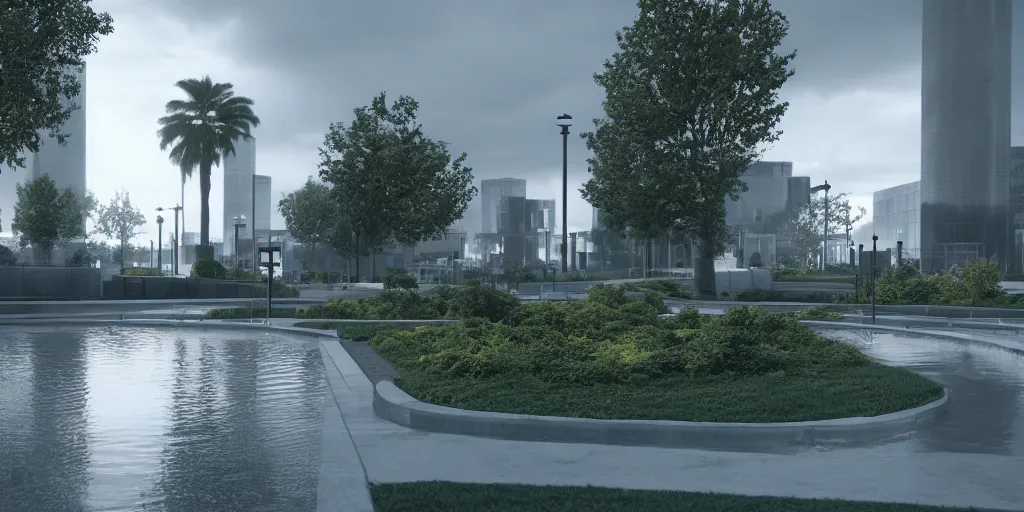Image similar to city center public park, modern landscape architectural design for industrialpunk, water in the middle, dramatic lighting and composition, octane render, unreal engine 5, 8k