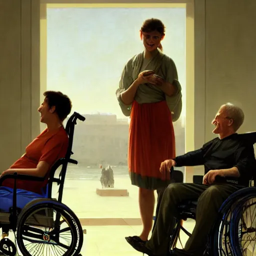 Image similar to a male patient in a wheelchair in the hospital with his wife and son standing by. happy, cheerful, smiling, intricate, face enhance, sharp focus, cinematic lighting, featured in artistation, 8 k, art by greg rutkowski, william adolphe bouguereau