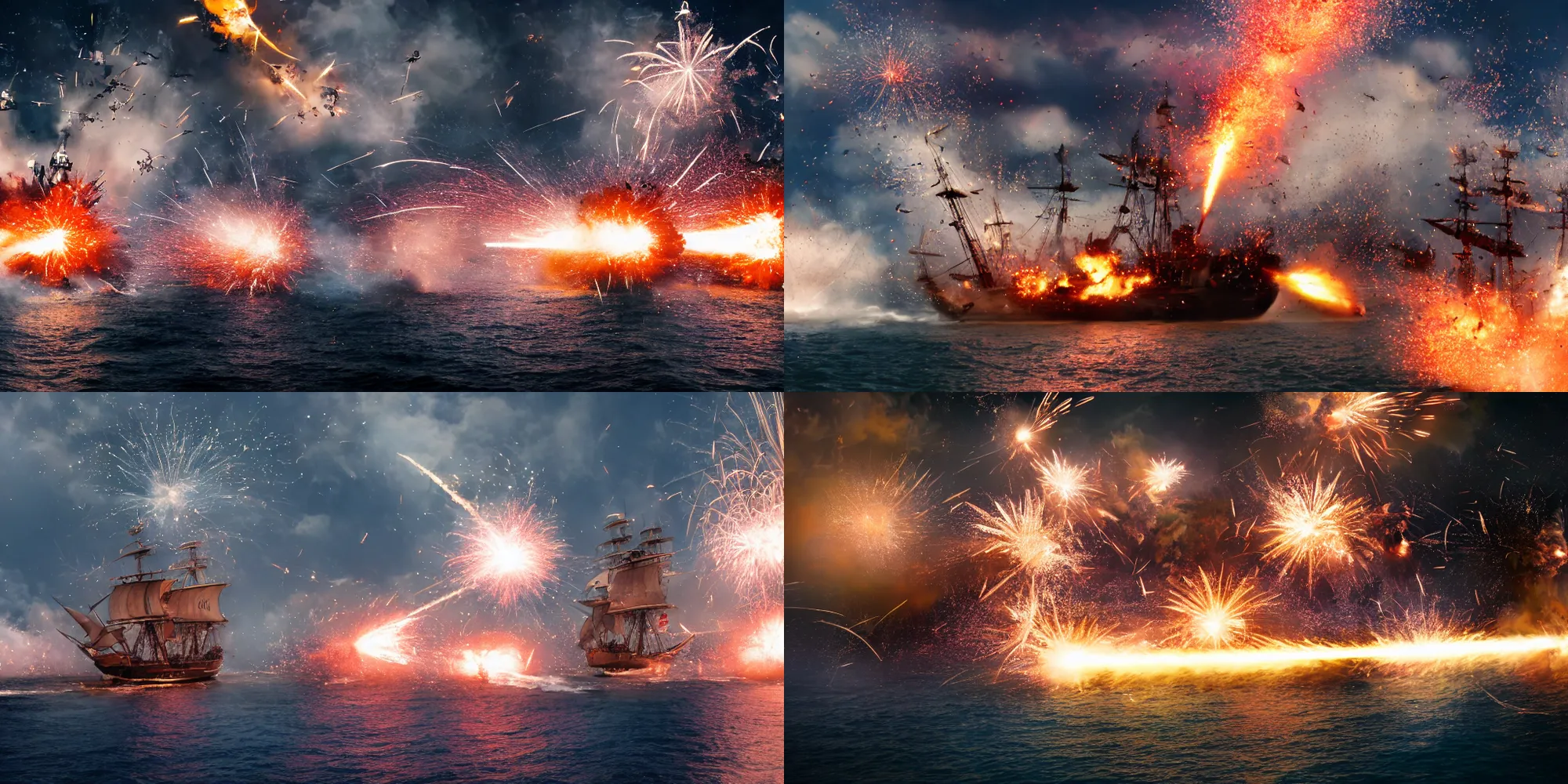 Prompt: action photography of a naval battle between pirate ships with explosions and cannon fire, fast shutter speed, high speed, VFX particle simulation, action photo, 1/1000 sec shutter