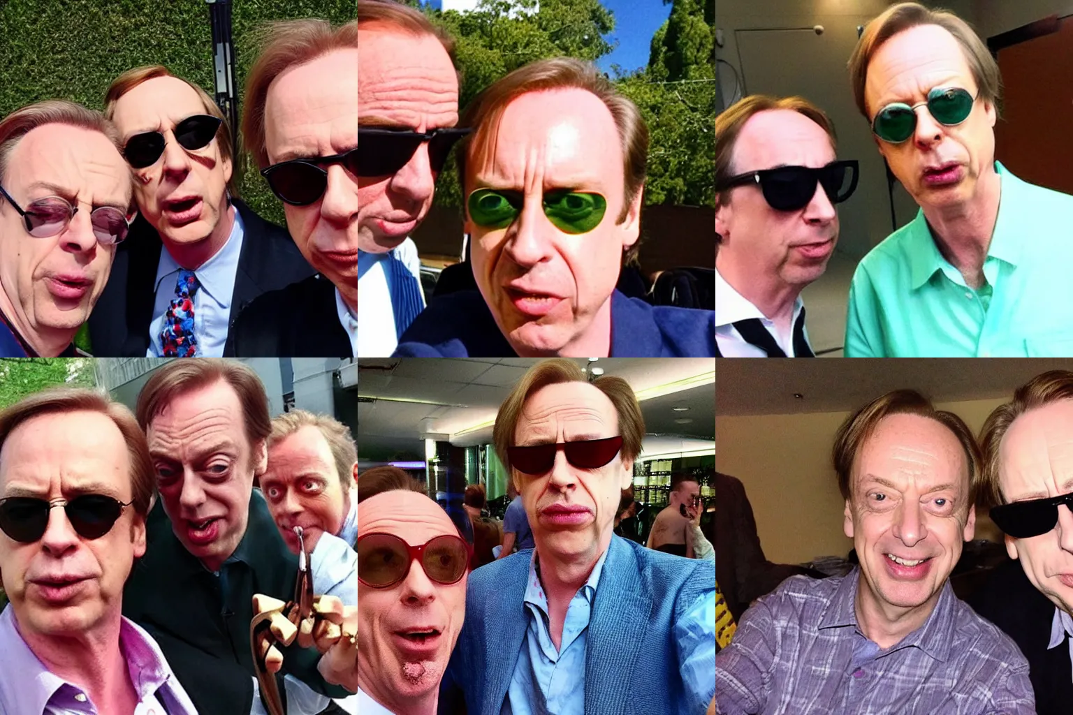 Prompt: Saul Goodman taking a selfie with Steve Buscemi with sunglasses, no beard, vintage shirt