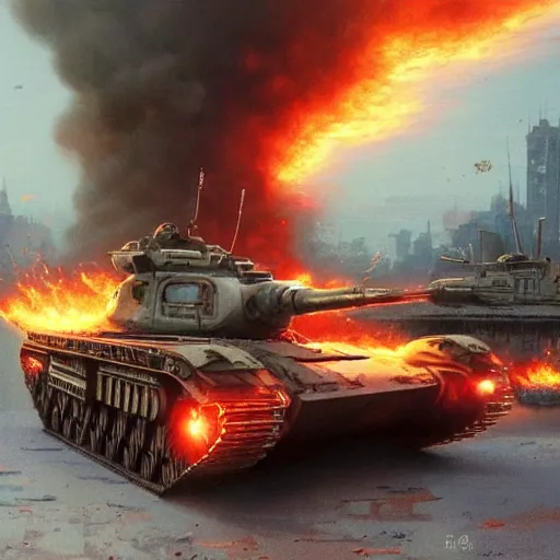 Image similar to comic book style tank on a burning bridge, NATO, high-tech, heroic, wide shot, urban background, highly detailed, artstation, concept art, sharp focus, illustration, art by artgerm and greg rutkowski and magali villeneuve, Zdzisław Beksiński, red brown and white color scheme, high quality